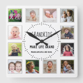 12 Photo Grandkids Make Lifeグランド引用文ホワイト スクエア壁時計