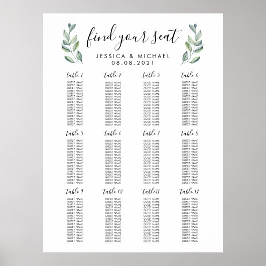 12 Table Largeの192結婚ゲストの座席表 ポスター (正面)
