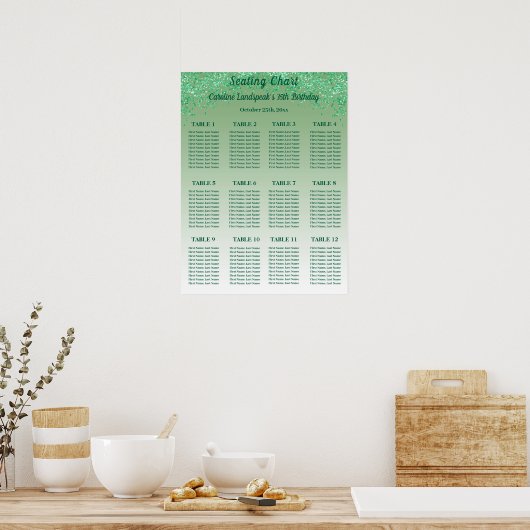12 Table Seating Chart Template Green Glitter ポスター (キッチン)