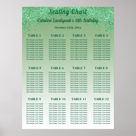 12 Table Seating Chart Template Green Glitter ポスター (正面)