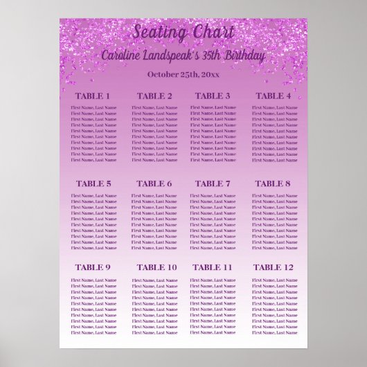 12 Table Seating Chart Template Pink Glitter ポスター (正面)