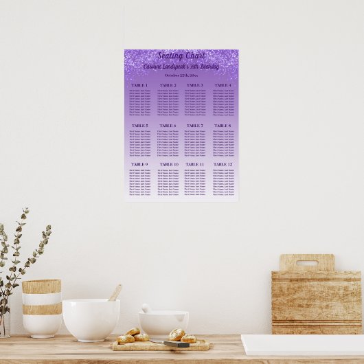 12 Table Seating Chart Template Purple Glitter ポスター (キッチン)