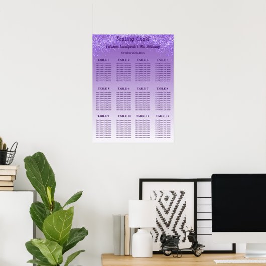 12 Table Seating Chart Template Purple Glitter ポスター (ホームオフィス)
