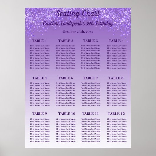 12 Table Seating Chart Template Purple Glitter ポスター (正面)