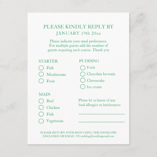 12thジェイド結婚のアニバーサリーグリーンの食事の選択 エンクロージャーカード (裏面)