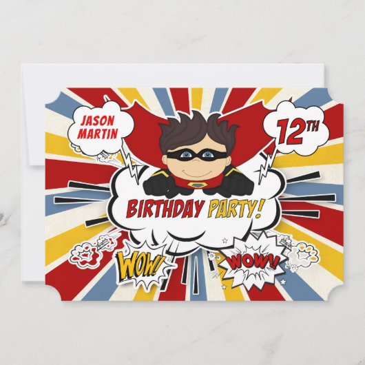 12thバースデーパーティーボーイズスーパーヒーローレッド漫画 招待状 (正面)