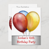 12th誕生日パーティーバルーン赤ブルーイエロー 招待状 (正面/裏面)