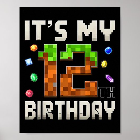 12th Birthday 12 Year Old Birthday Boy Gamer Pixel ポスター (正面)