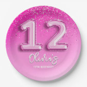 12th Birthday Girl Party – Pink Balloon Theme ペーパープレート (正面)
