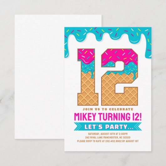 12th Birthday Ice Cream Drip Invitation 招待状 (正面/裏面)