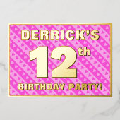 12th Birthday Party —おもしろいピンクのハートとストライプ 箔招待状 (正面)