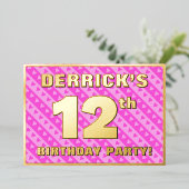 12th Birthday Party —おもしろいピンクのハートとストライプ 箔招待状 (立ち正面)