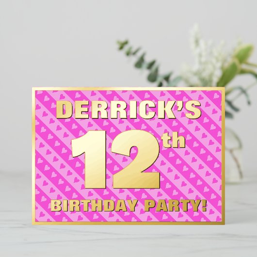 12th Birthday Party —おもしろいピンクのハートとストライプ 箔招待状 (立ち正面)