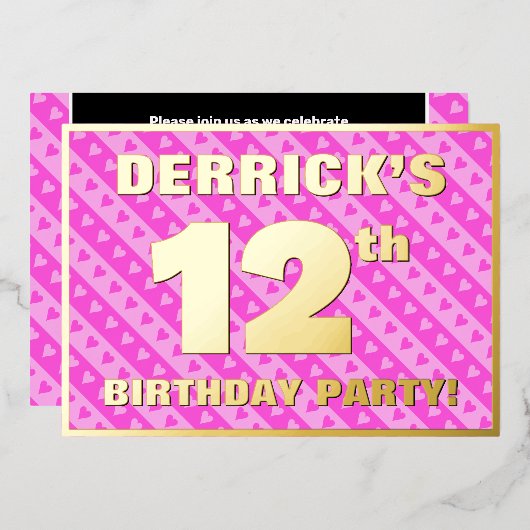 12th Birthday Party —おもしろいピンクのハートとストライプ 箔招待状 (正面/裏面)