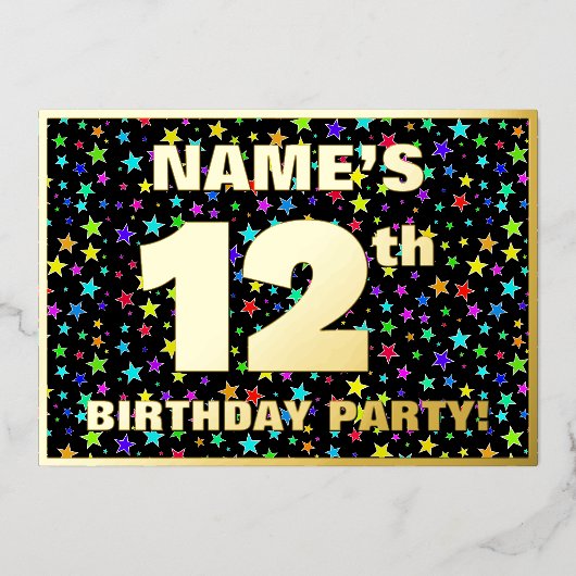 12th Birthday Party —おもしろい、スターカラフルズ・パターン 箔招待状 (正面)