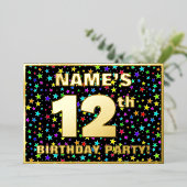 12th Birthday Party —おもしろい、スターカラフルズ・パターン 箔招待状 (立ち正面)