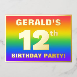 12th Birthday Party:おもしろい、レインボーカラフルパターン 箔招待状