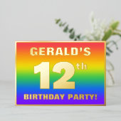 12th Birthday Party:おもしろい、レインボーカラフルパターン 箔招待状 (立ち正面)