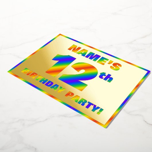 12th Birthday Party —おもしろい、レインボースペクトル「12」 箔招待状 (回転した状態)