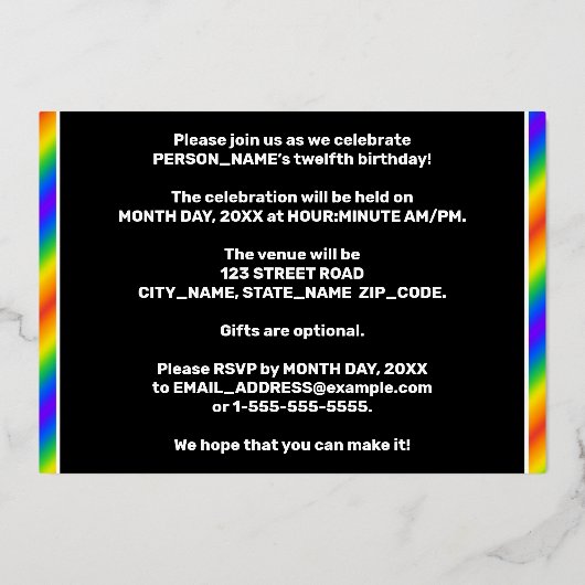 12th Birthday Party —おもしろい、レインボースペクトル「12」 箔招待状 (裏面)