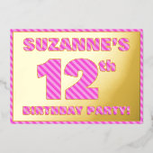 12th Birthday Party — はっきりした、おもしろい、ピンクストライプ色12 箔招待状 (正面)