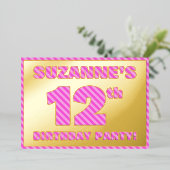 12th Birthday Party — はっきりした、おもしろい、ピンクストライプ色12 箔招待状 (立ち正面)