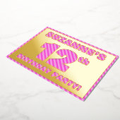 12th Birthday Party — はっきりした、おもしろい、ピンクストライプ色12 箔招待状 (回転した状態)