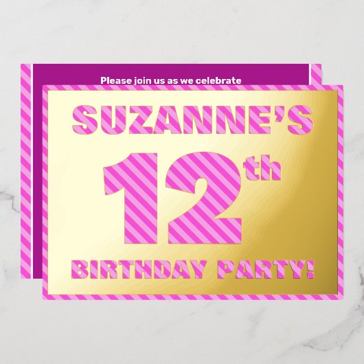 12th Birthday Party — はっきりした、おもしろい、ピンクストライプ色12 箔招待状 (正面/裏面)