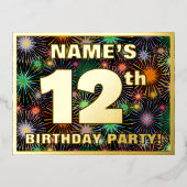 12th Birthday Party:, はっきりした Fireworks カラフル Look 箔招待状ポストカード (正面)