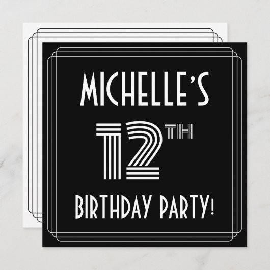 12th Birthday Party:アールデコスタイル(名前をカスタムする付) 招待状 (正面/裏面)