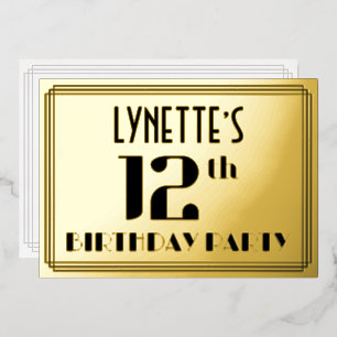 12th Birthday Party:アールデコ「12」と名前 箔招待状