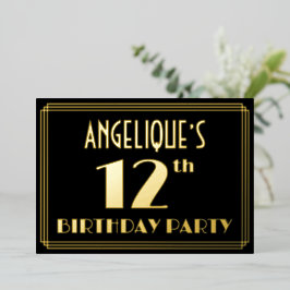 12th Birthday Party:アールデコ「12」、名前つき 箔招待状