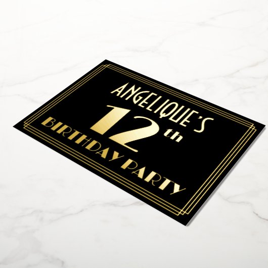 12th Birthday Party:アールデコ「12」、名前つき 箔招待状 (回転した状態)