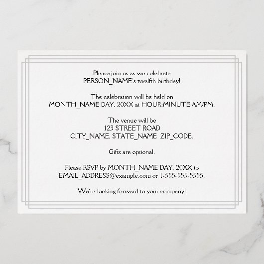 12th Birthday Party:アールデコ「12」、名前つき 箔招待状 (裏面)