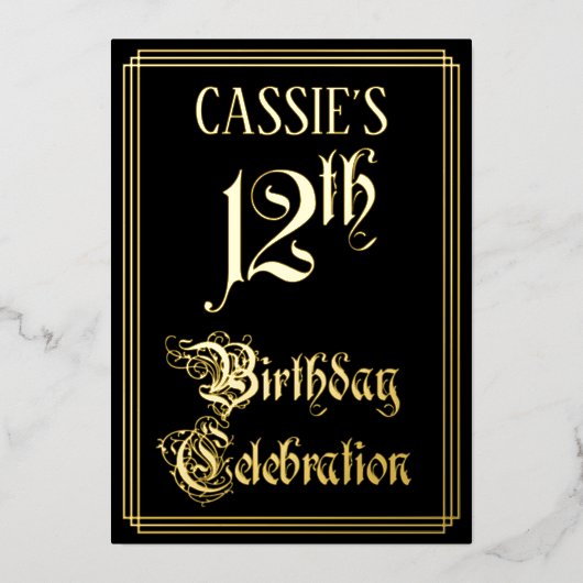 12th Birthday Party – スクリプファンシートと名前をカスタムする 箔招待状 (正面)