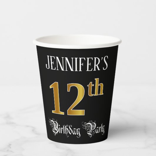 12th Birthday Party – スクリプファンシート、フェイク金ゴールド・ルック 紙コップ (正面)