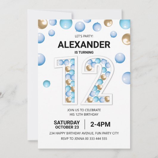 12th Birthday Party, Blue and Balloon Boy 招待状 (正面)