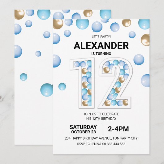 12th Birthday Party, Blue and Balloon Boy 招待状 (正面/裏面)