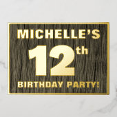 12th Birthday Party: Bold, Faux Wood Grain Pattern 箔招待状 (正面)