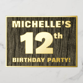12th Birthday Party: Bold, Faux Wood Grain Pattern 箔招待状