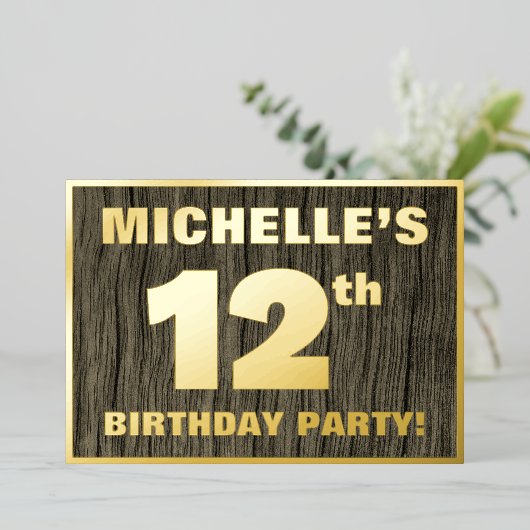12th Birthday Party: Bold, Faux Wood Grain Pattern 箔招待状 (立ち正面)