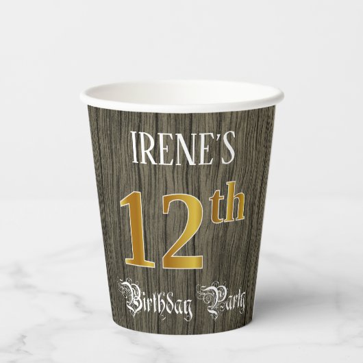 12th Birthday Party — Faux Gold & Faux Wood Looks 紙コップ (裏面)