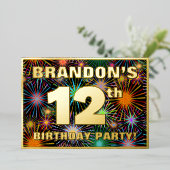 12th Birthday Party — Fun, Colorful Fireworks Look 箔招待状 (立ち正面)