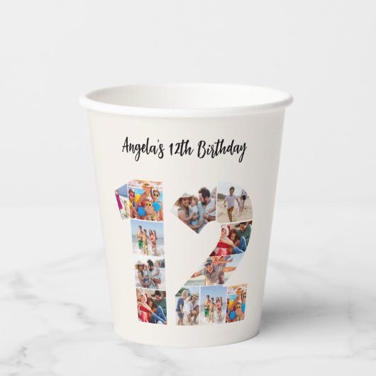 12th Birthday Photo Collage Number 12 Paper Cup 紙コップ (正面)
