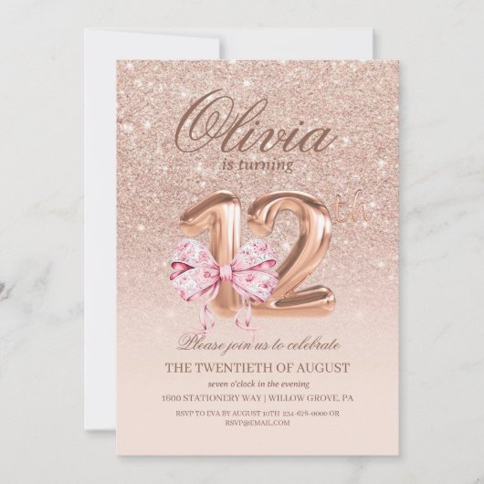 12th Birthday Rose Pink Gold Bow Birthday Party 招待状 (正面)