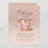 12th Birthday Rose Pink Gold Bow Birthday Party 招待状 (正面/裏面)