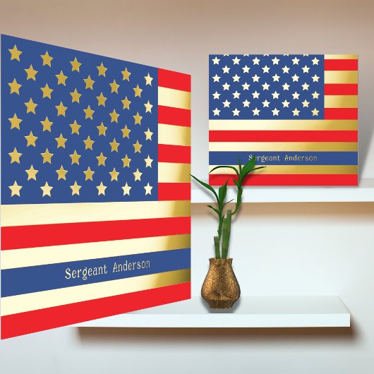 12x12細いブルーライン警察法アメリカ国旗の金ゴールド 箔ポスター