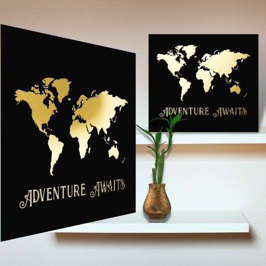 12x12 Black GOLD World Map Adventure Awaits Travel 箔ポスター