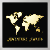 12x12 Black GOLD World Map Adventure Awaits Travel 箔ポスター (正面)