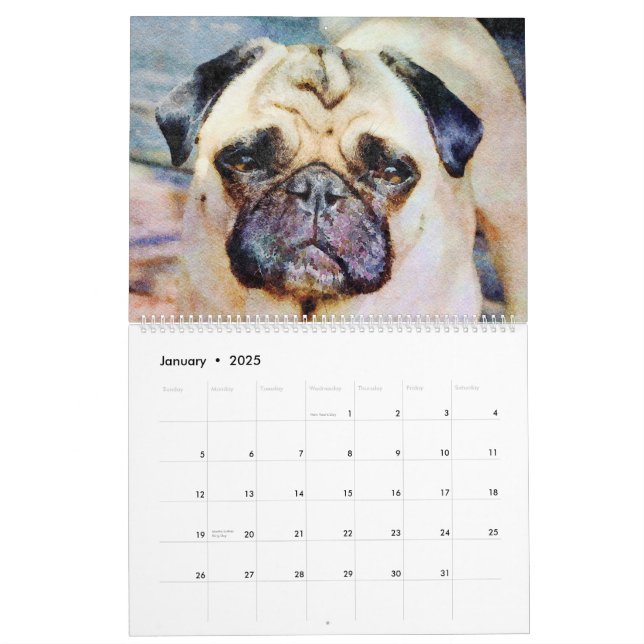 12ヶ月かわいいパグ犬ペット水の色アートギフト カレンダー | Zazzle.co.jp